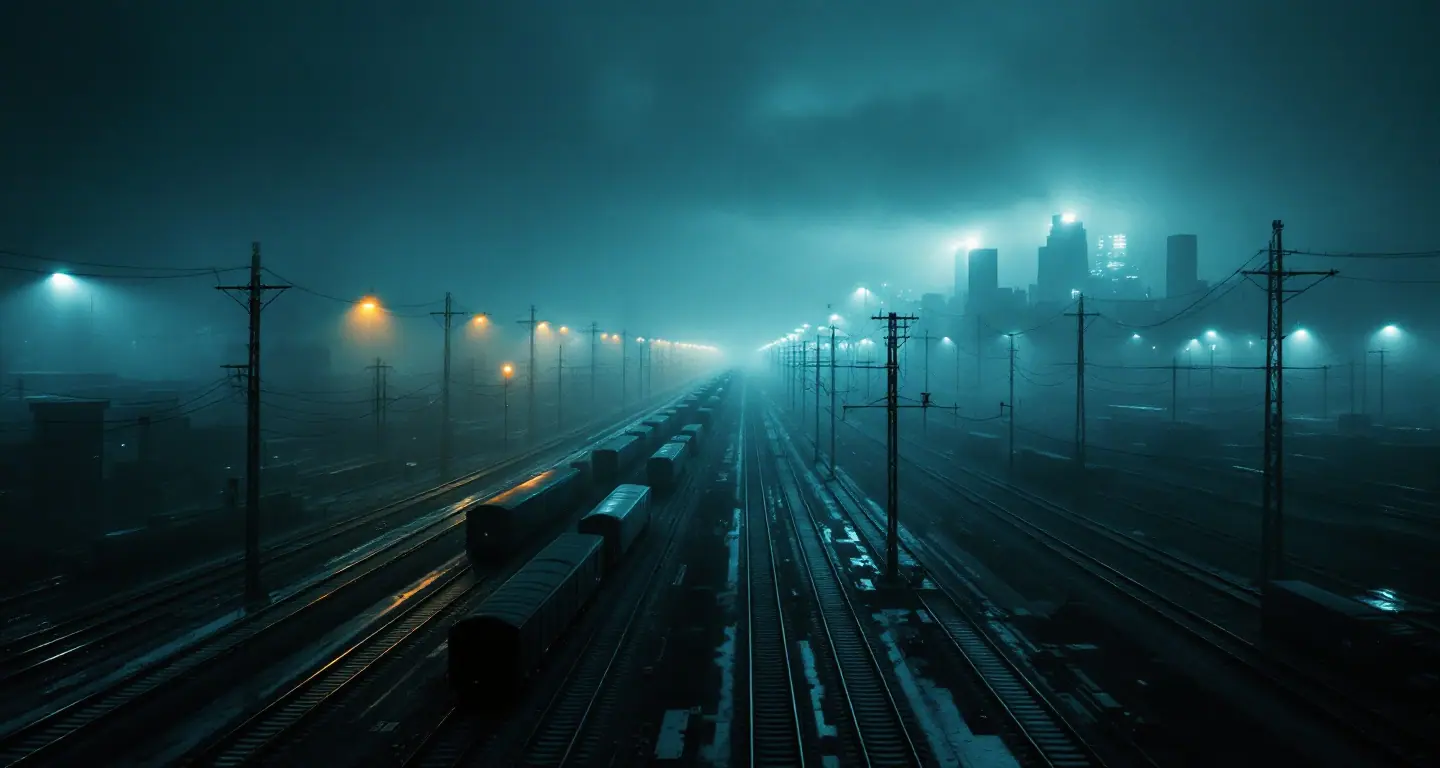 A railway yard at night in thick fog, lamps glowing over wet rails